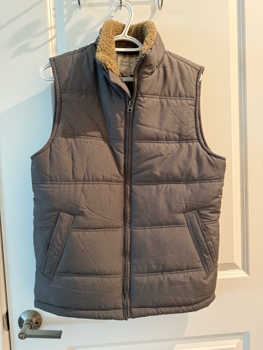 American Threads Gray Puffer Vest with Tan Sherpa Collar